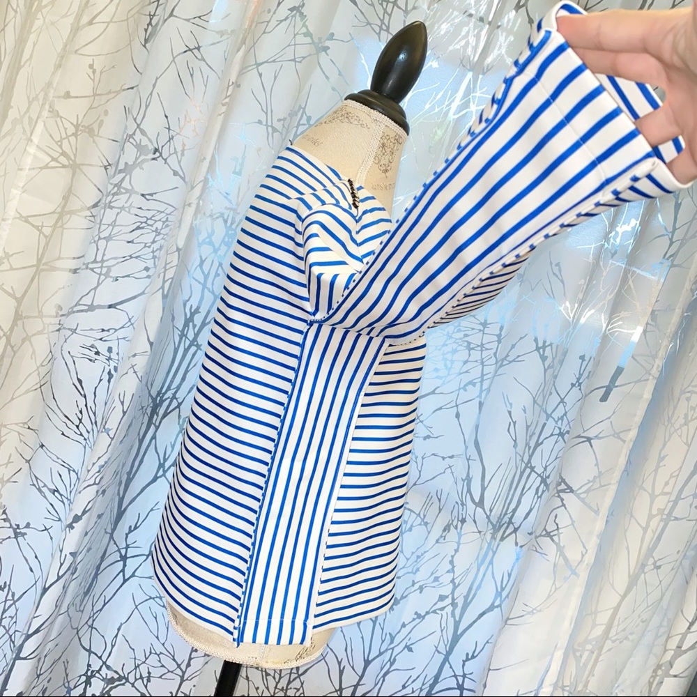 Maje white blue stripe rhinestone row shoulder detail long sleeve sweater top - Picture 7 of 14
